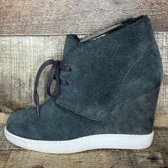 See By Chloe Lea Wedge Booties Gray Suede Sherpa Ankle Boots Booties Size 38 8 - Picture 5 of 11